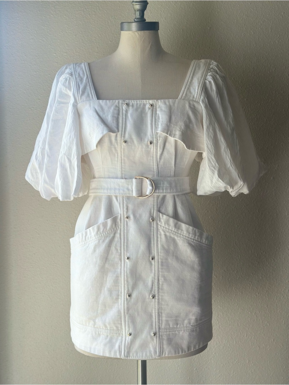 Acler Lovell Button Accent White Puff Sleeve Cotton Linen Mini Dress 2